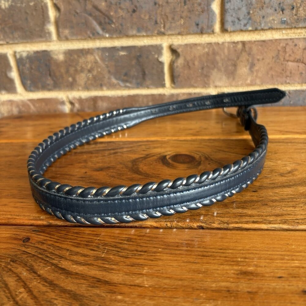 Vtg DunDee Leather Cowboy Belt Metal Lace Silver Tone Buckle Size 28 Navy